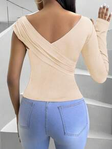 SHEIN Slayr Women's Solid Color Slim Fit Asymmetrical Neck T-Shirt - Apricot - View 2