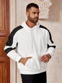 Manfinity Homme Men's Plus Size Fashionable Color Block Sweatshirt With Hood - Black and White - View 4