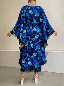 Al Najma Women's Floral Print Fringed Batwing Sleeve Dress Kaftan Jalabiya Dress - Blue - View 2