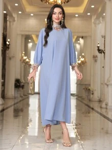 Al Najma Women's Solid Color Collar & Sleeve Decor Elegant Turkish Style Long Modest Kaftan - Dusty Blue - View 6