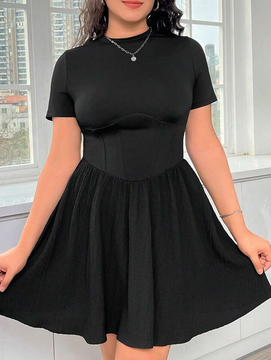 SHEIN EZwear Của phụ nữ Kích thước lớn Màu thuần A-line Ngắn tay Đầm - màu đen - Xem 1