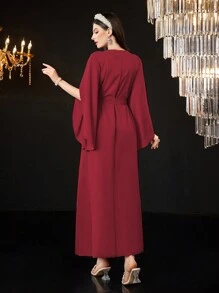 Al Najma 勃艮第红女士时尚优雅不对称长袖水钻装饰阿拉伯风格连衣裙 - 酒紅色 - 查看 2