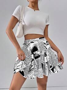 SHEIN Essnce Newspaper Print 2 In 1 Skirt Shorts For Summer - White - View 5