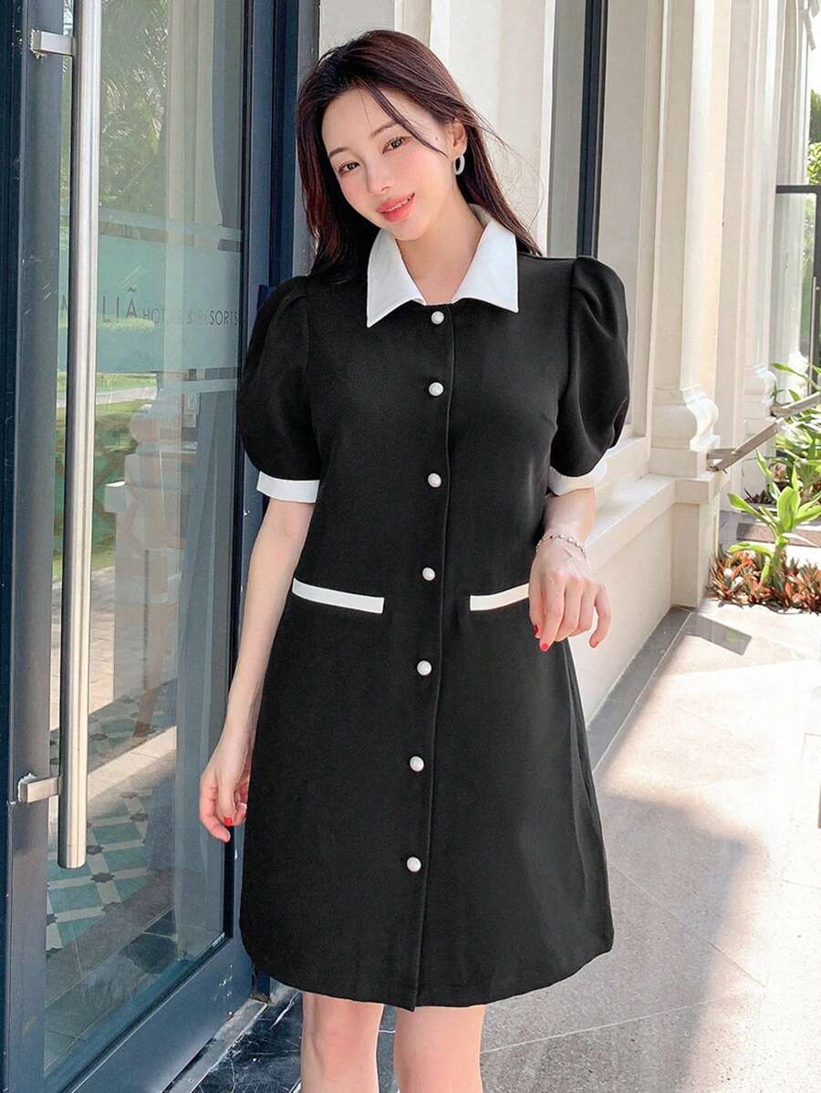 DAZY 女士短袖泡泡袖连衣裙，撞色领子，单排扣设计，适合夏季太阳裙衬衫裙 - 黑與白 - 查看 1