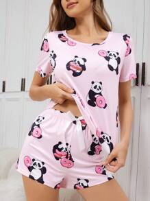 Conjunto de pijama para mujer con estampado de panda y rosquilla, cuello redondo, talla regular