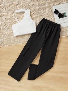 SHEIN Conjunto casual de verano para niña preadolescente compuesto por top halter tejido deportivo y pantalones cargo, estilo chic - Blanco y Negro - Ver 2