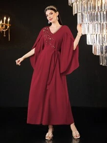 Al Najma 勃艮第红女士时尚优雅不对称长袖水钻装饰阿拉伯风格连衣裙 - 酒紅色 - 查看 4