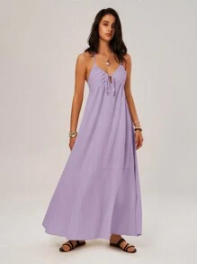 Bohemela Ladies' Solid Color Front Tie Long Halter Neck Strap Dress For Vacation - Purple - View 6