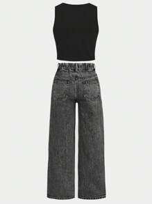 Leap Crew Leap Crew Tween Girls' Spring Summer Boho 2 Pieces Solid Tank Top Vest& Stonewashed Distressed Ripped Denim Straight Leg Jeans Set,Summer Girls Set Clothes Outfits - Black - View 6