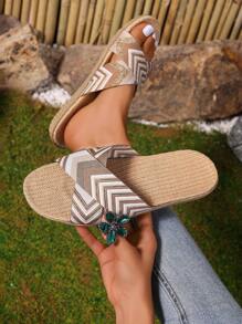 Fall/Winter Fashionable Cross Strapped Letter Printed Open Toe Linen Slippers, Gold