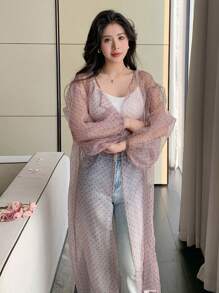 DAZY 女士时尚长款和服外套，采用透明网眼设计，夏季 - 彩色 - 查看 3