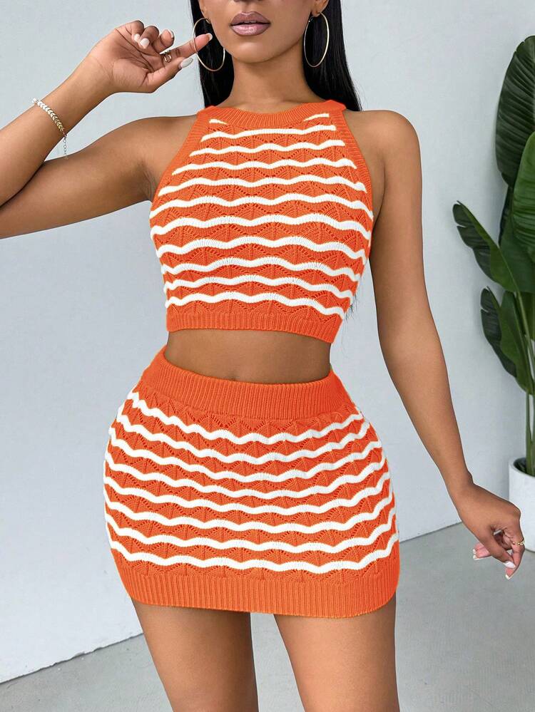 Women's Summer Wave Pattern Cropped Knitted Halter Top And Knitted Skirt Set