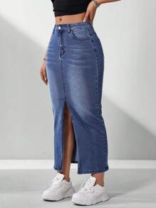 Spring/Summer Casual Water Wash Denim Skirt With Slanted Pocket And Side Slit - Dark Wash - View 1