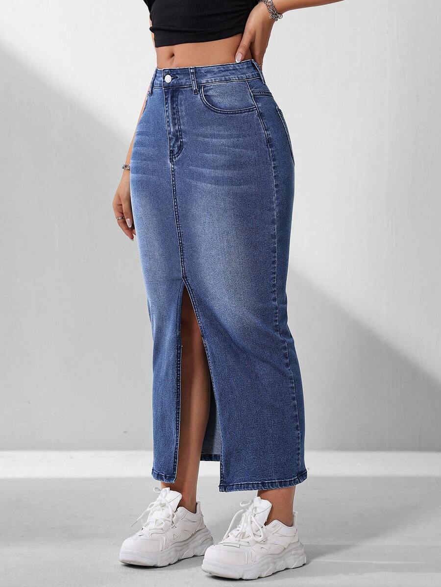 Spring/Summer Casual Water Wash Denim Skirt With Slanted Pocket And Side Slit - Dark Wash - View 1