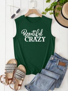INAWLY Ladies' Stylish Letter Printed Women's Tank Top - Dark Green - View 1