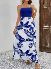 SHEIN Clasi Tropical Printed Strapless Dress With Diagonal Pocket - Multicolor - View 4