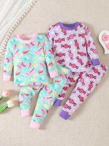 女婴糖果马卡龙印花长袖上衣和裤子睡衣套装，2 件 - 彩色 - 查看 1