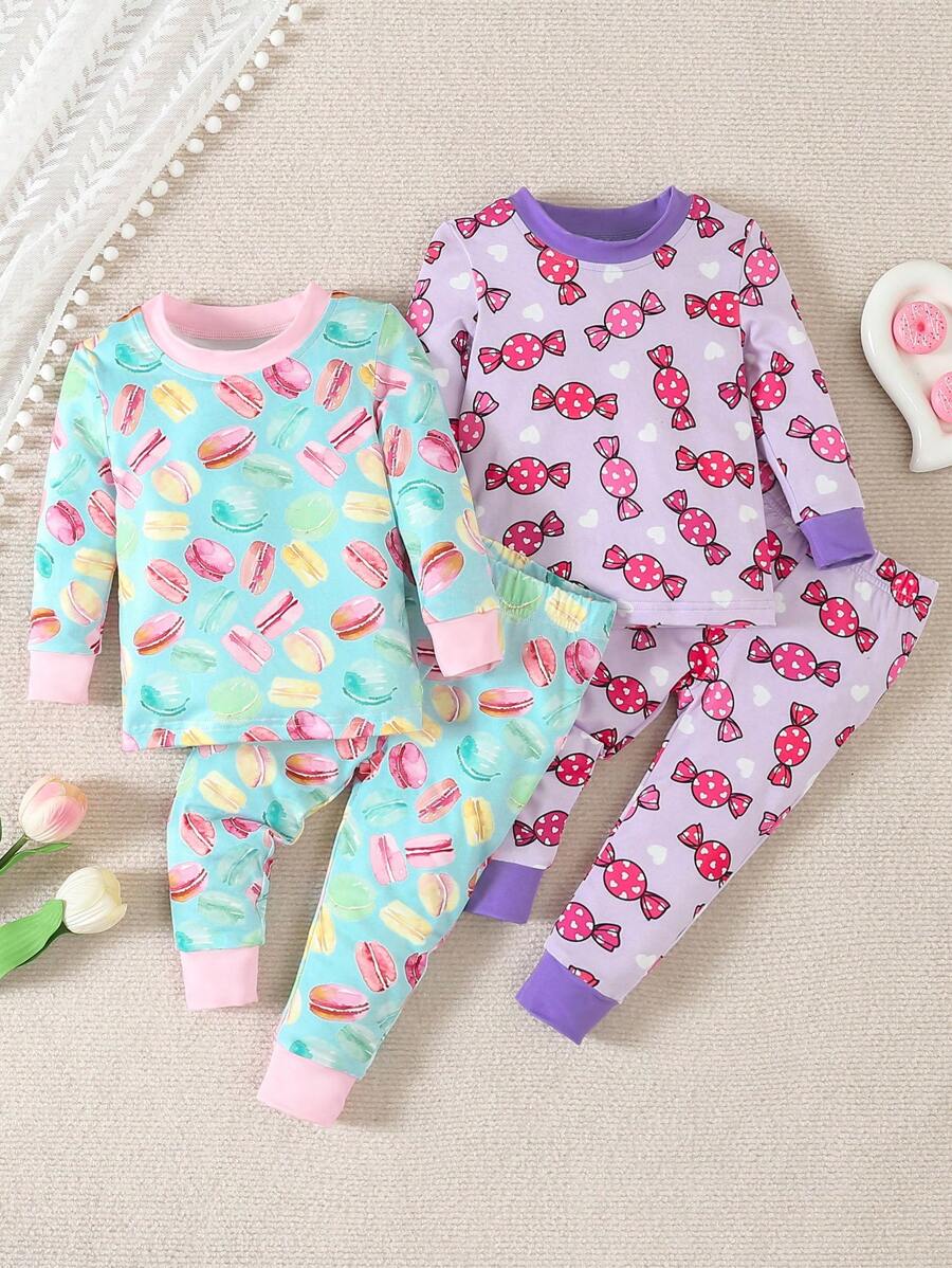 女婴糖果马卡龙印花长袖上衣和裤子睡衣套装，2 件 - 彩色 - 查看 1