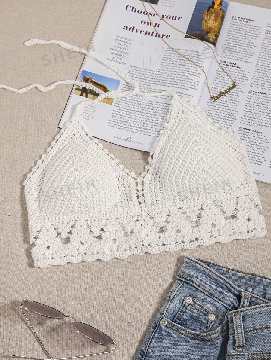 SHEIN Franclia Top de traje de baño con cuello de halter calado para mujer, para vacaciones y playa de verano - Blanco - Ver 1