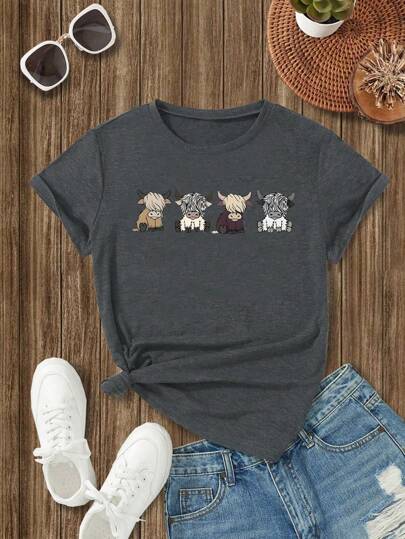 INAWLY Plus Size Women's Faded Cow Print Short Sleeve T-Shirt Women Graphic Tee Top For Summer