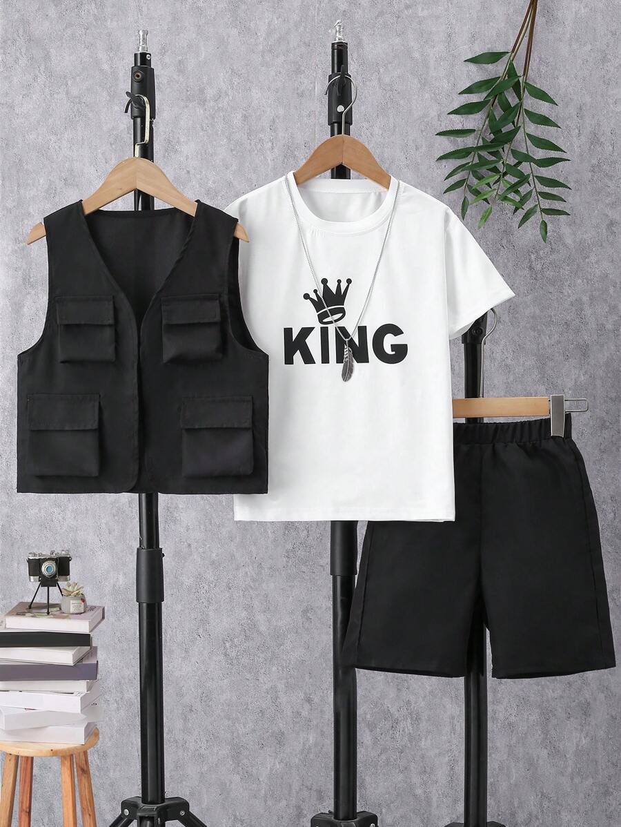 SHEIN Tween Boy Casual Workwear Multi-Pocket Vest 3pcs/Set - Black - View 1