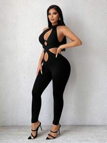 SHEIN SXY 女性性感黑色無袖十字背心露背連身緊身跳躍套裝 - 黑色 - 查看 3
