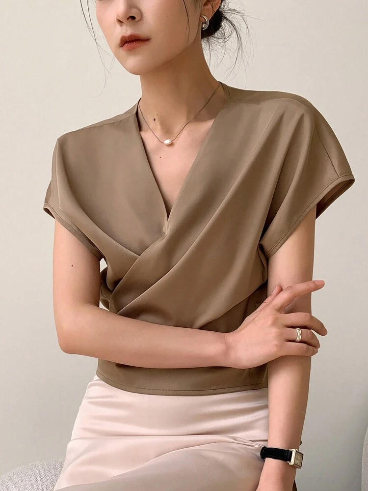 V-Neck Sleeveless Casual Wrinkle-Resistant Women Business Casual Blouse,Short Sleeve Tops