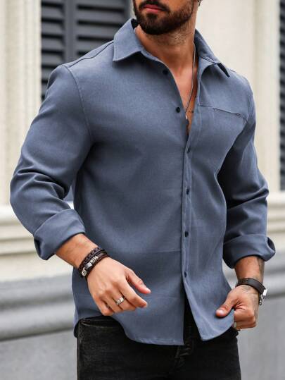 Manfinity Homme قميص رجالي كاجوال بأكمام طويلة وياقة زر للربيع، قمصان رجالية كاجوال بأكمام طويلة، قميص رجالي كاجوال للأعمال، للخريف والشتاء