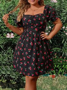 Flirla Plus Size Boho Summer Holiday Cherry Print Dress With Sweetheart Neckline - Multicolor - View 7