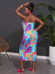 Slaydiva Plus Size Holiday Leisure Stretchy Knit Colorful Water Ripples Printed Strapless Bodycon Dress, For Summer