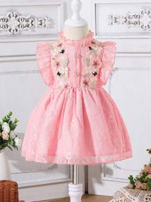 Baby Girl Pink Lace Embroidery Stand Collar Flower Elegant Gorgeous Casual Dress For Daily And Leisure In Spring And Summer - Multicolor - View 1