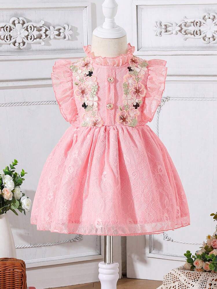 Baby Girl Pink Lace Embroidery Stand Collar Flower Elegant Gorgeous Casual Dress For Daily And Leisure In Spring And Summer