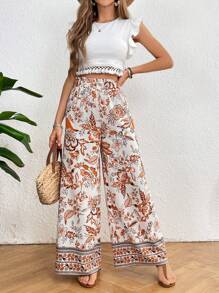 SHEIN VCAY Summer Vacation Style Ruffled Top With Tassel Hem And Floral Printed Wide Leg Pants - Multicolor - View 5
