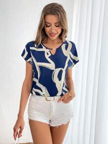 SHEIN Essnce Women's Full Print Hollow Out Collar Batwing Sleeve Blouse,Short Sleeve Tops - Navy Blue - View 5