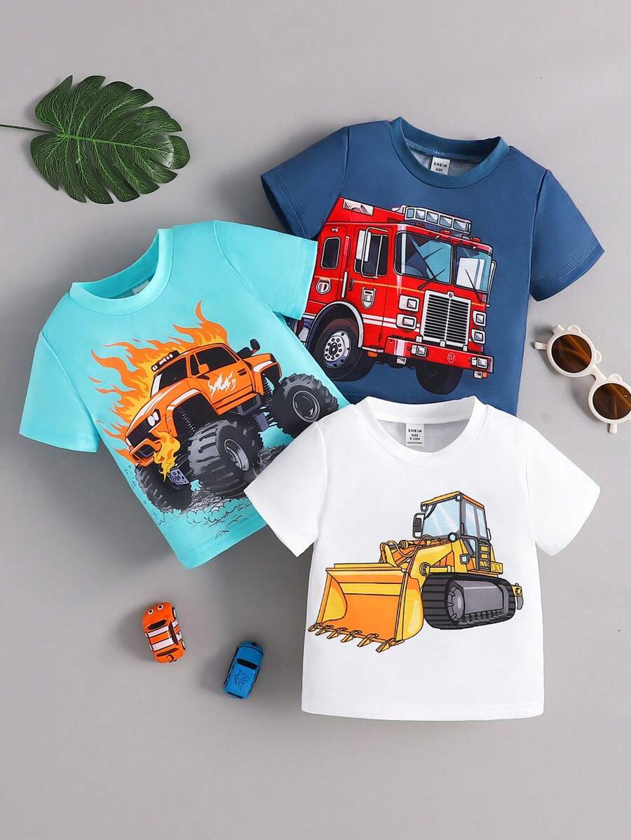 SHEIN Baby Boy Summer/Spring Cute Excavator And Car Pattern Printed Top 3pcs Outfits Set