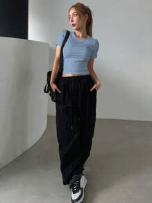 DAZY Women's Solid Color Slim Fit Cropped T-Shirt For Summer - Blue - View 5