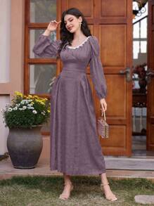 Modelyn 女士时尚夏季圆领蕾丝边收腰长裙 - 紫色 - 查看 4