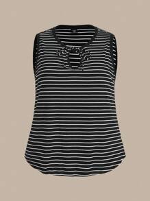 SHEIN BASICS Women's Plus Size Knitted Striped Round Neck Camisole Tank Top And Tank Top - Black and White - View 6
