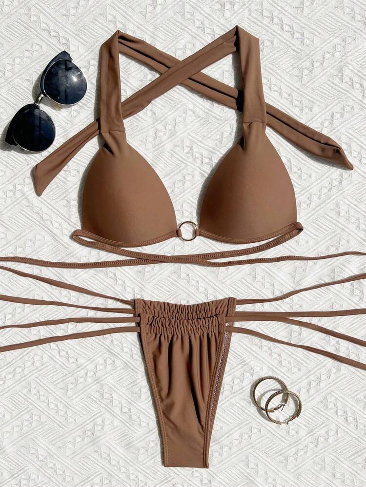 Ladies' Solid Color Halter Bra & Swim Bottom Bikini Set Bathing Suit For Beach Vacation Summer