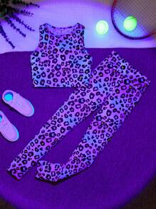 SHEIN 少女運動風彩色豹紋針織背心和打底褲套裝，適用於春夏季