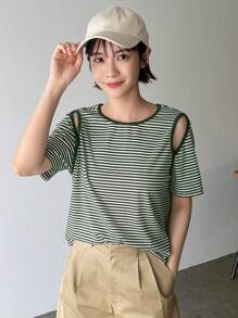 FRIFUL 空心條紋女t恤 - 綠色 - 查看 7