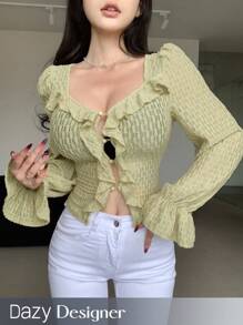 Dazy Designer Women's French Style Ruffled Texture Blouse With Short Sleeves Crop Women Tops Long Sleeve Top Easter - Green - View 1