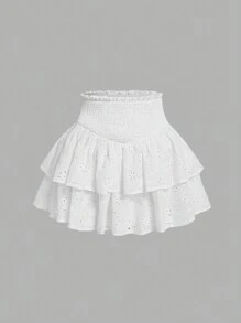 SHEIN MOD Falda de mujer con cintura fruncida, doble capa y volantes en el bajo - Blanco - Ver 2