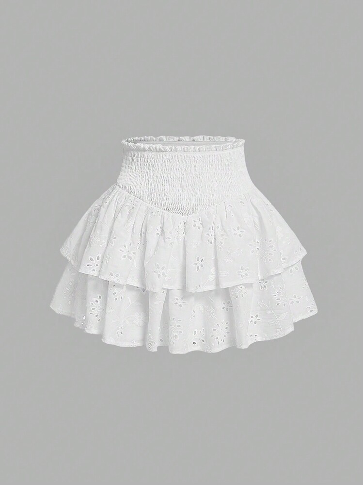 SHEIN MOD Women's Shirred Waist Double Layered Ruffle Hem Skirt - White - View 2