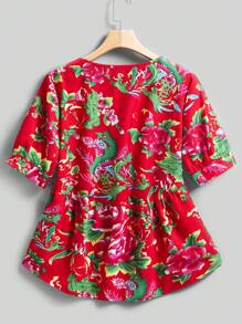 EMERY ROSE Women's Floral Print Round Neck Short Sleeve Ruffle Hem Blouse For Summer - Red - View 2