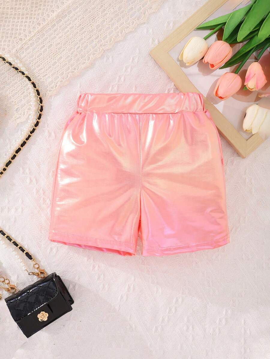 SHEIN Nuovo Arrivo Estivo Pantaloncini D'oro Per Bambina - Rosa - Visualizzare 1