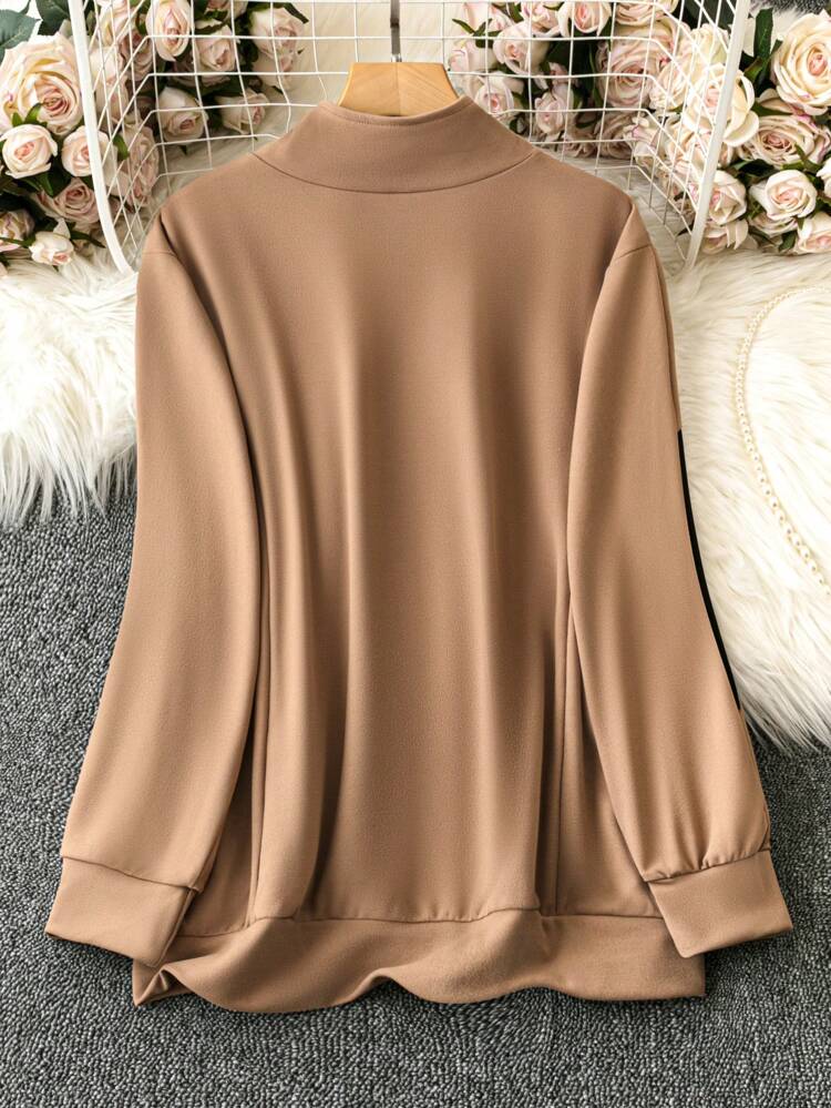 Plus Size Women's Spring And Autumn Color Block Zipper Front Stand Collar Long Sleeve Casual Jacket Fall Cloth For Women