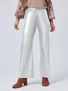 SHEIN MOOSTA Women Silver Coated Pocket Relaxed Straight Leg Casual Pants