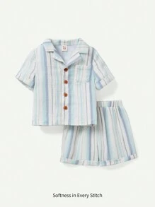 Cozy Pixies 嬰兒男孩條紋加領釦扣襯衫和休閒短褲套裝 - 綠色 - 查看 3