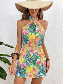 SHEIN VCAY 夏天的熱帶數字印花露背連衣裙，適合海灘度假